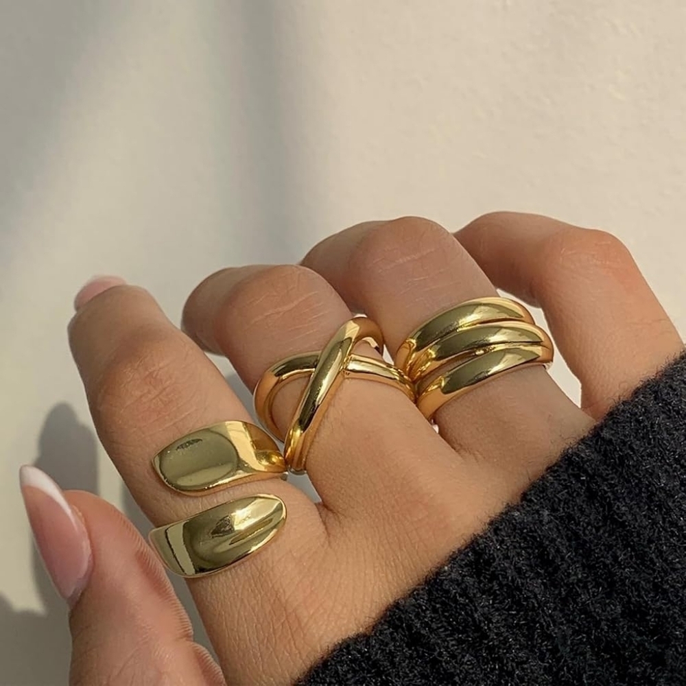 18K Gold Plated Chunky Stackable Rings Set - Picture 2 of 5